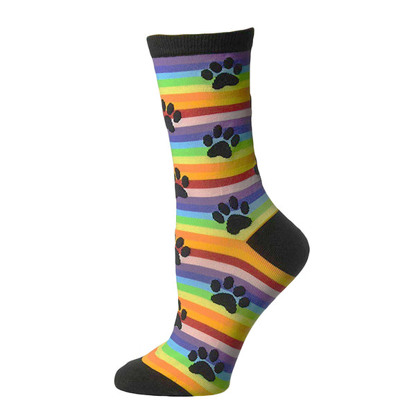 Rainbow Stripe Paw Print Womens Crew Socks