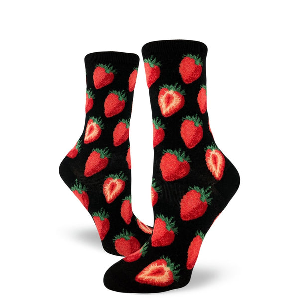 Sweet Strawberries Black Crew Socks