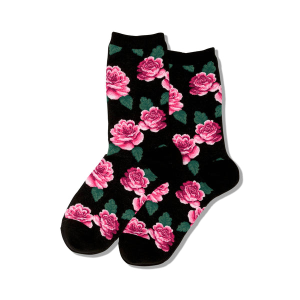 Rose Print Women's Black Crew Socks