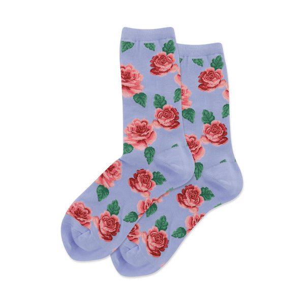 Rose Print Women's Coastal Blue Crew Socks