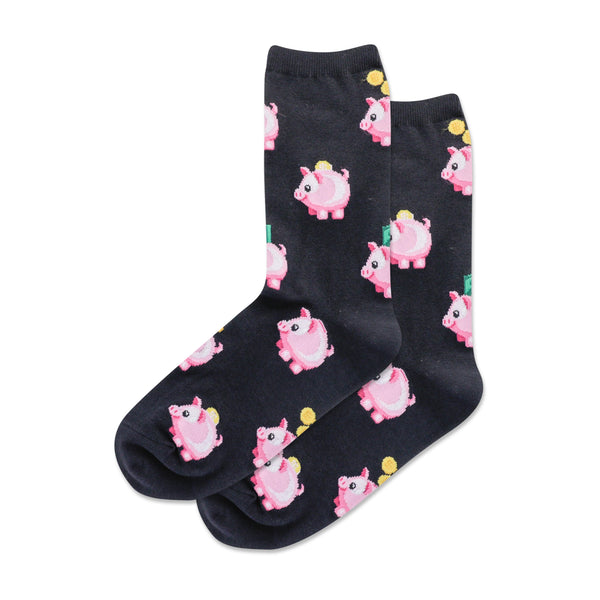 Piggy Bank Women's Black Crew Socks
