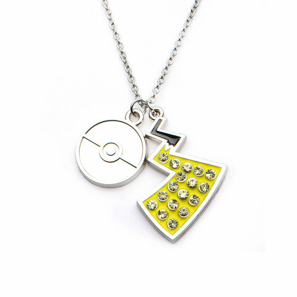 Pokemon Pokeball & Pikachu Tail with Clear Gem Pendant Stainless Steel Necklace