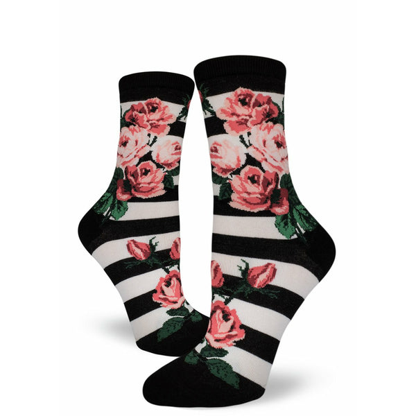 Romantic Rose Women's Black and White Striped Crew Socks