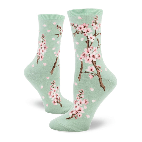 Cherry Blossom Women's Green Crew Socks