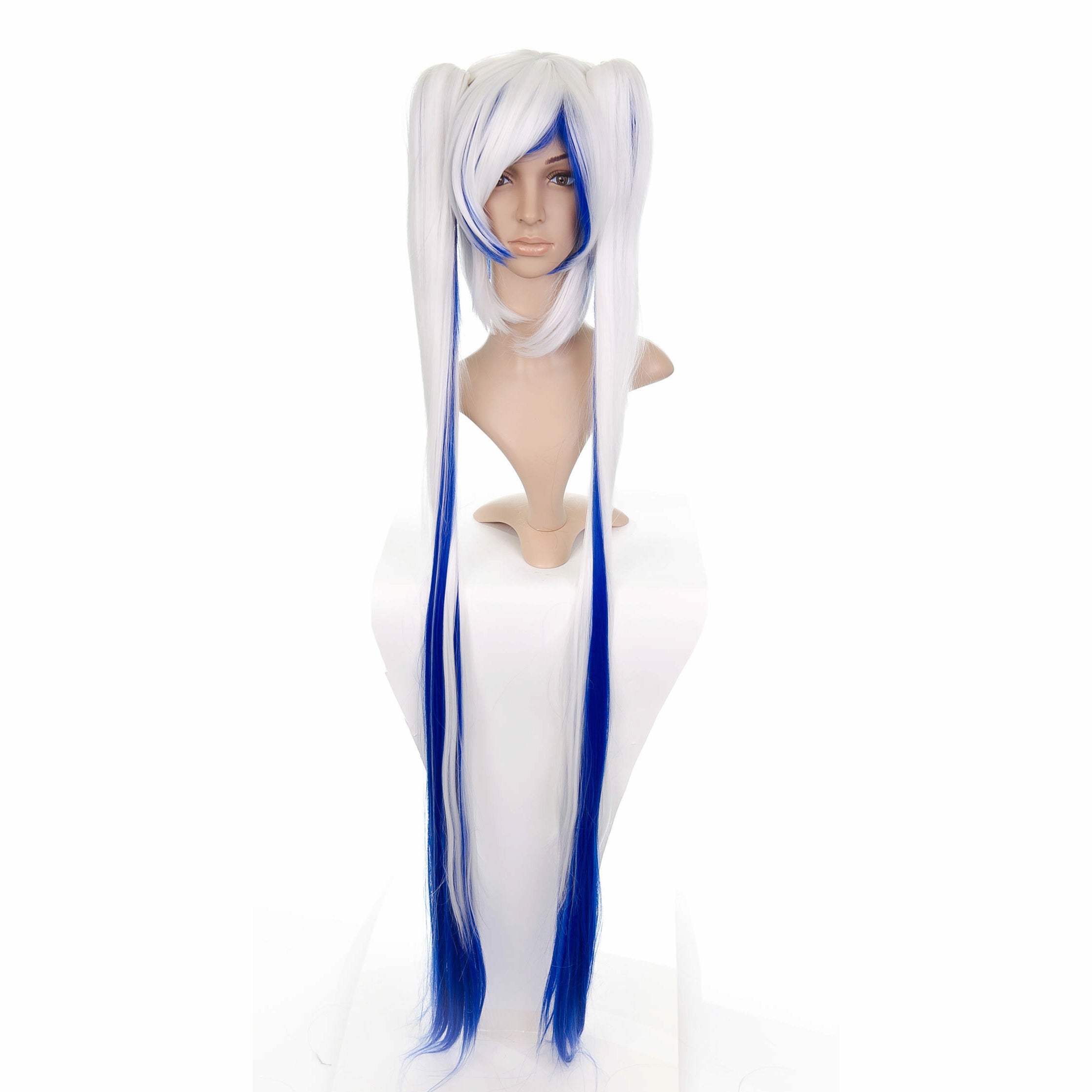 White with Electric Blue Highlights Long Length Anime Cosplay Costume Wig