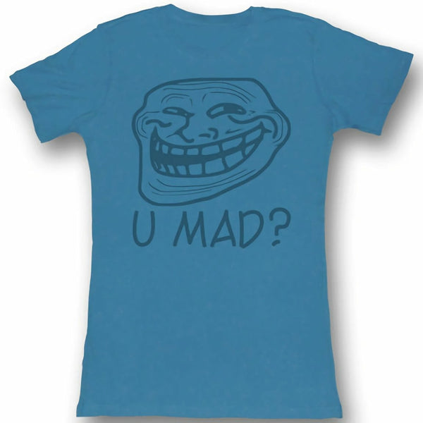 Troll Face U Mad? Juniors Lightweight Turquoise T-Shirt