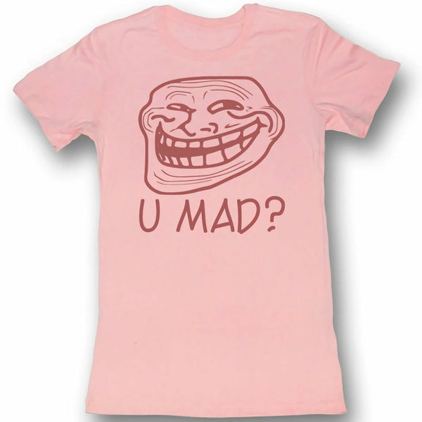 Troll Face U Mad? Juniors Lightweight Pink T-Shirt